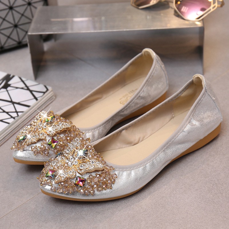 Rhinestone Butterfly Women’s Faux Leather Pointy Toe Shoes Slip On Loafers Flats