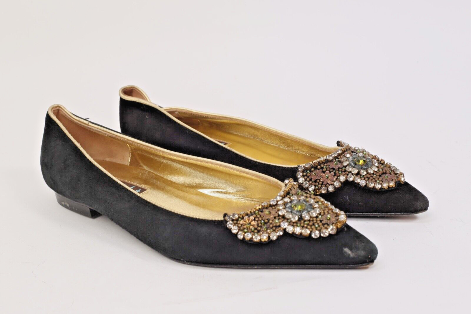 Vintage Rafe Brown Suede Beaded Rhinestone Pointed Toe Flats Boho Evening 38