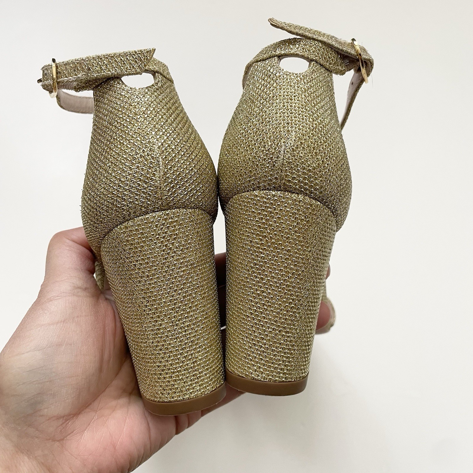 Stuart Weitzman Nearlynude Block Heel Sandal in Gold Glitter Lame Fabric 6.5