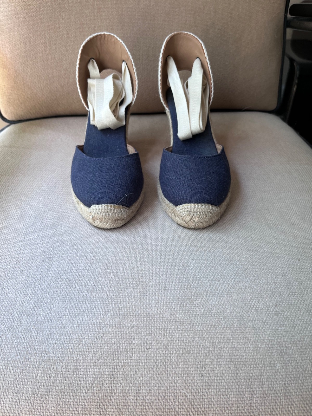 Soludos Marseille Wedge Espadrille Sandals NAVY Linen & with Ankle Tie ~ Size 7