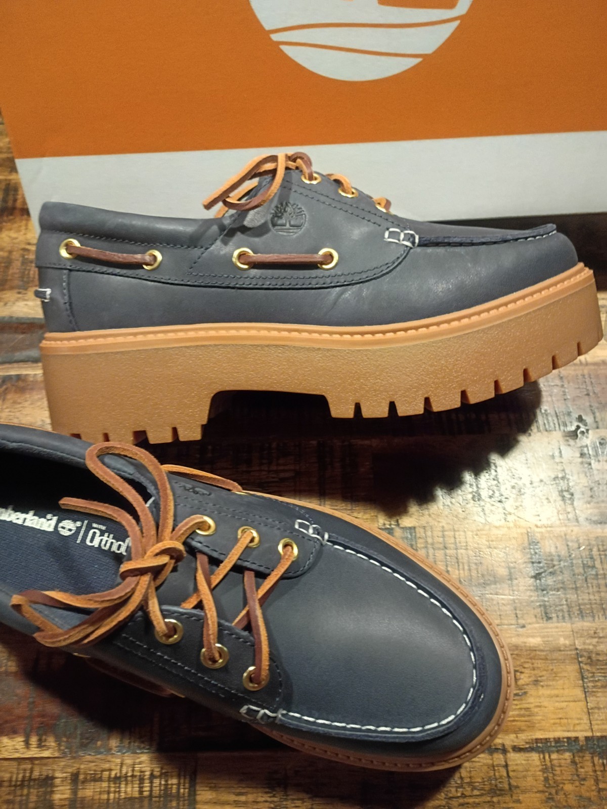 Womens Timberland Stone Street Platform Boat Shoe Dk Blue Premium Leather Sz 8.5