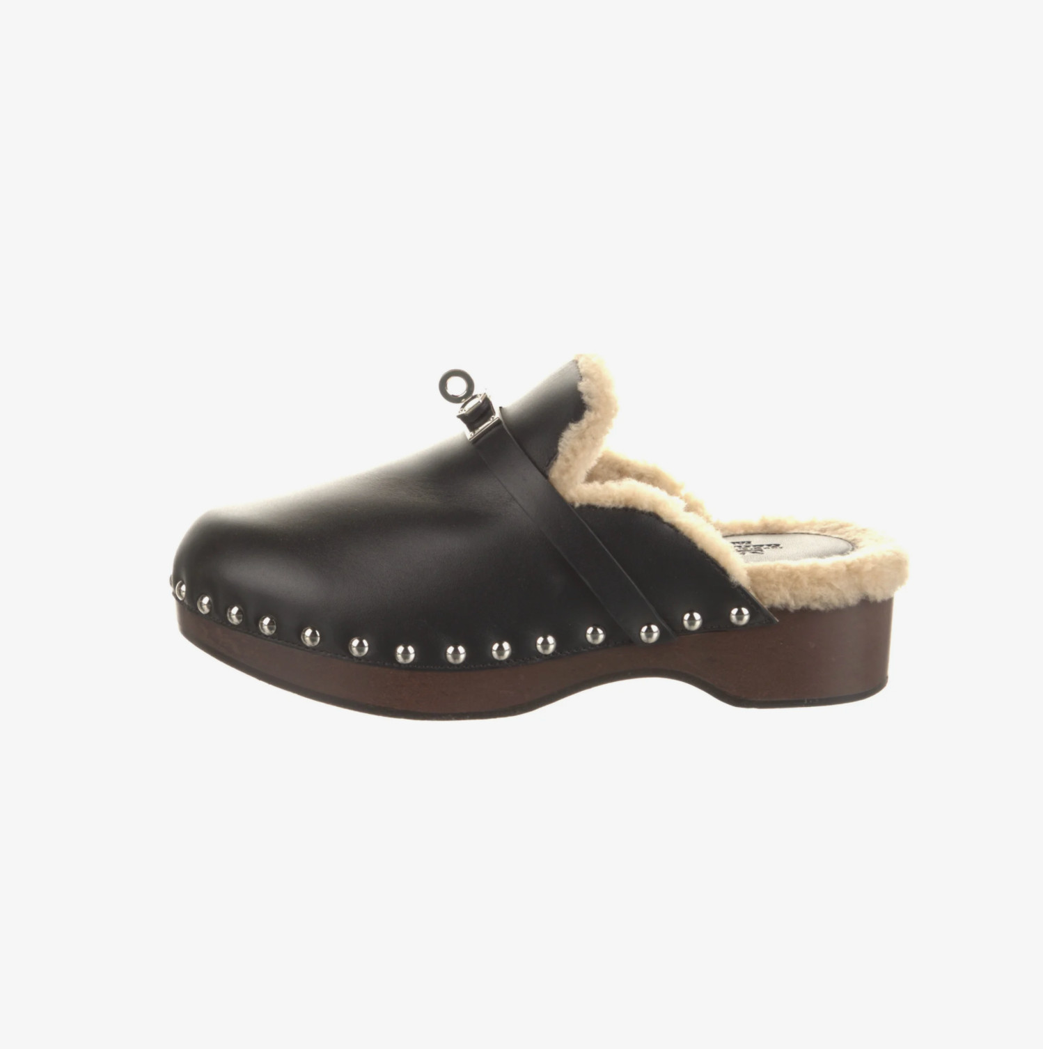 Hermes Carlotta Mule Black Leather Kelly Lock Shearling Fur Clog Slide Women’s 5