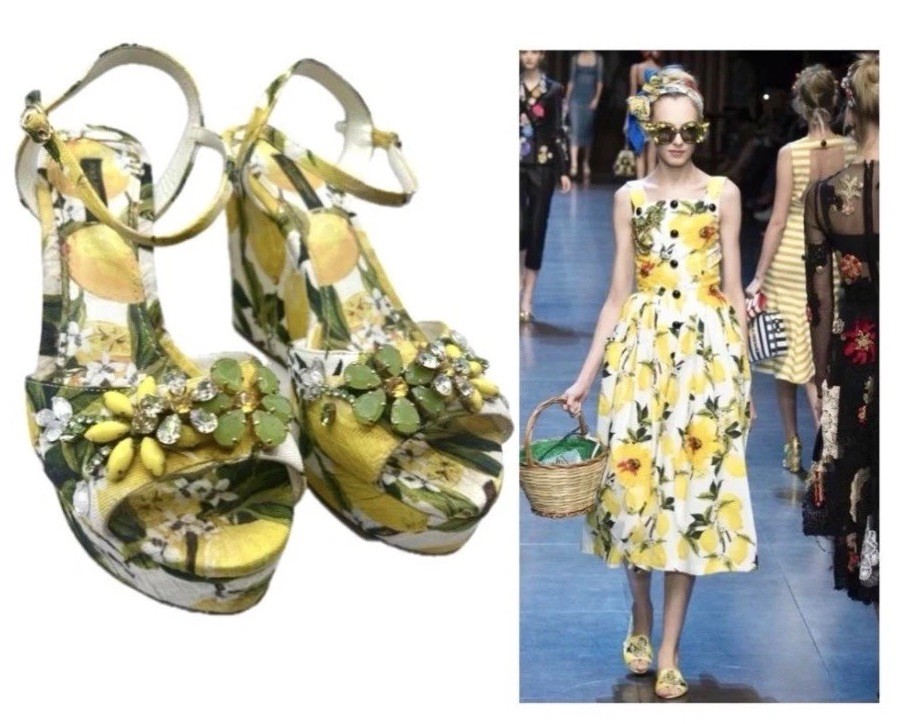 Dolce & Gabbana S/S 2016 Lemon Jeweled Platform Wedge Sandal EU 39/US 8.5