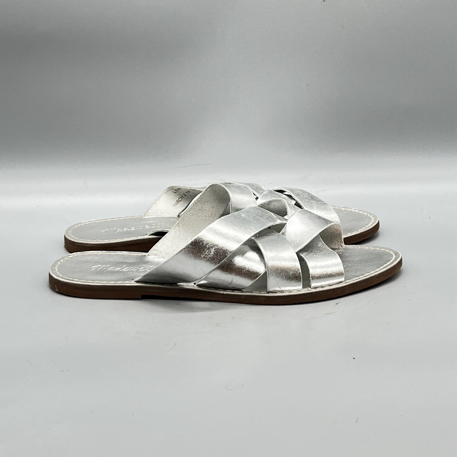 Madewell Sandals Women 9 Silver Leather Boardwalk Woven Strappy Slide Flat Shoes