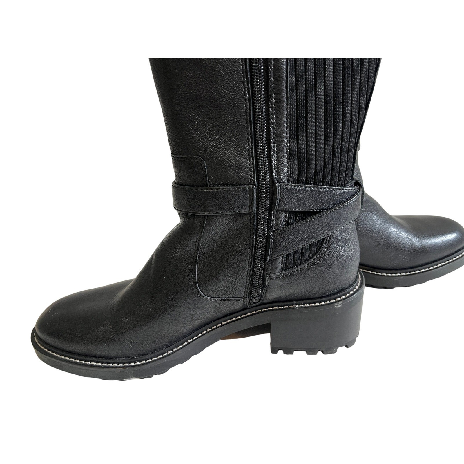 Vince Camuto Black Leather Ribbed Knit Boots Buckle Zip Lug Sole Women’s 7 1/2