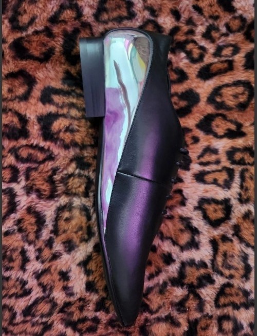 SALE UNITED NUDE Designer Leather Shoe ART Goth Silver Mirror & Black Pointy Toe
