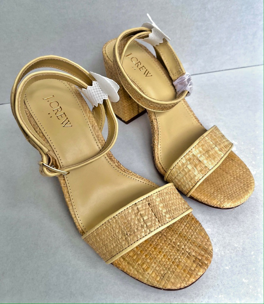 J. CREW Block Heel Sandals Raffia Woven Ankle Strap Womens Natural 7.5