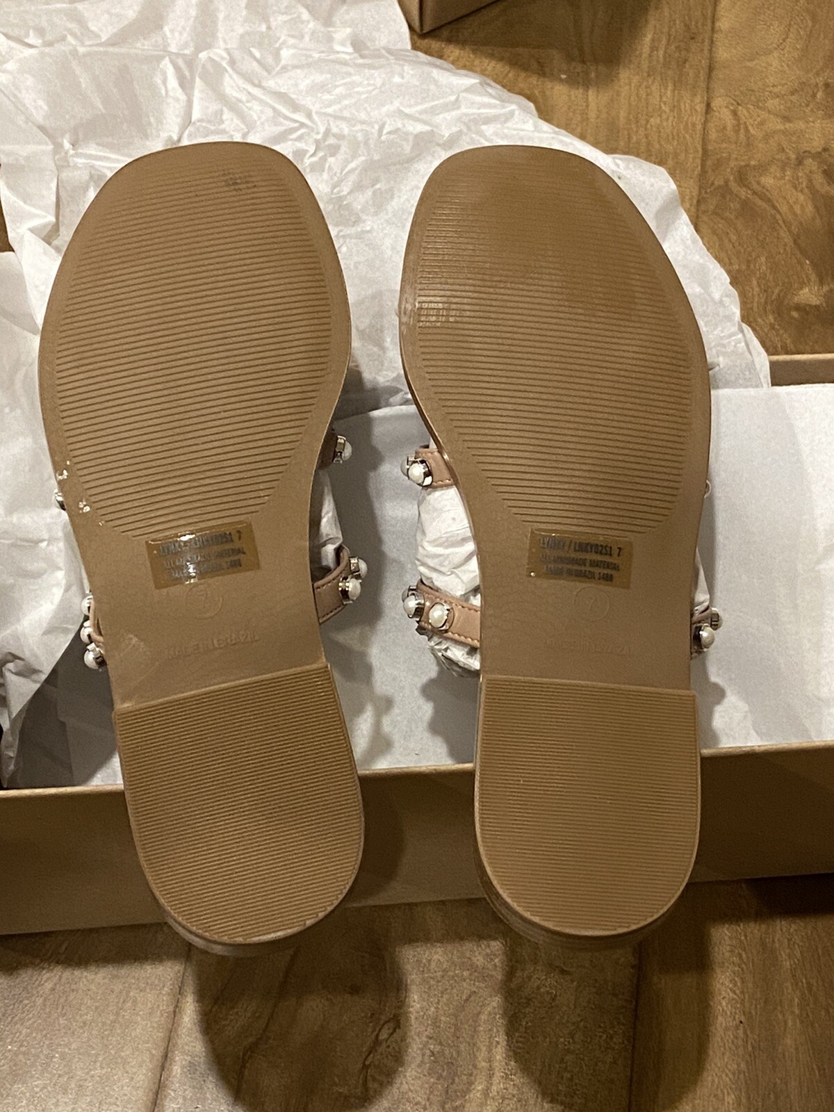 STEVE MADDEN Lynky Tan Caged Pearl Studded Slides Size 7