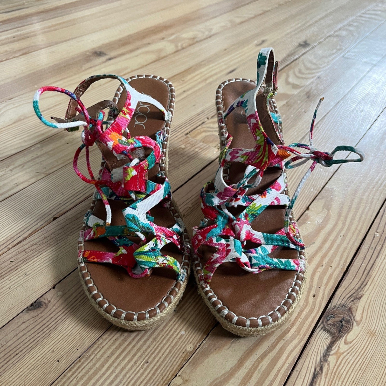 Sugar Womens Floral Espadrille Wedge Sandals Multi Color Strappy LaceUp Size 7.5
