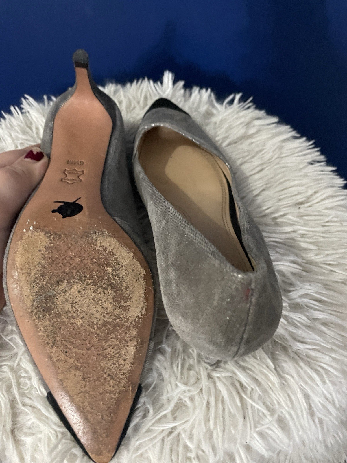 TORY BURCH Shaila Heel Metallic Gray Silver Pumps/Capped Toe Heels Size 6.5