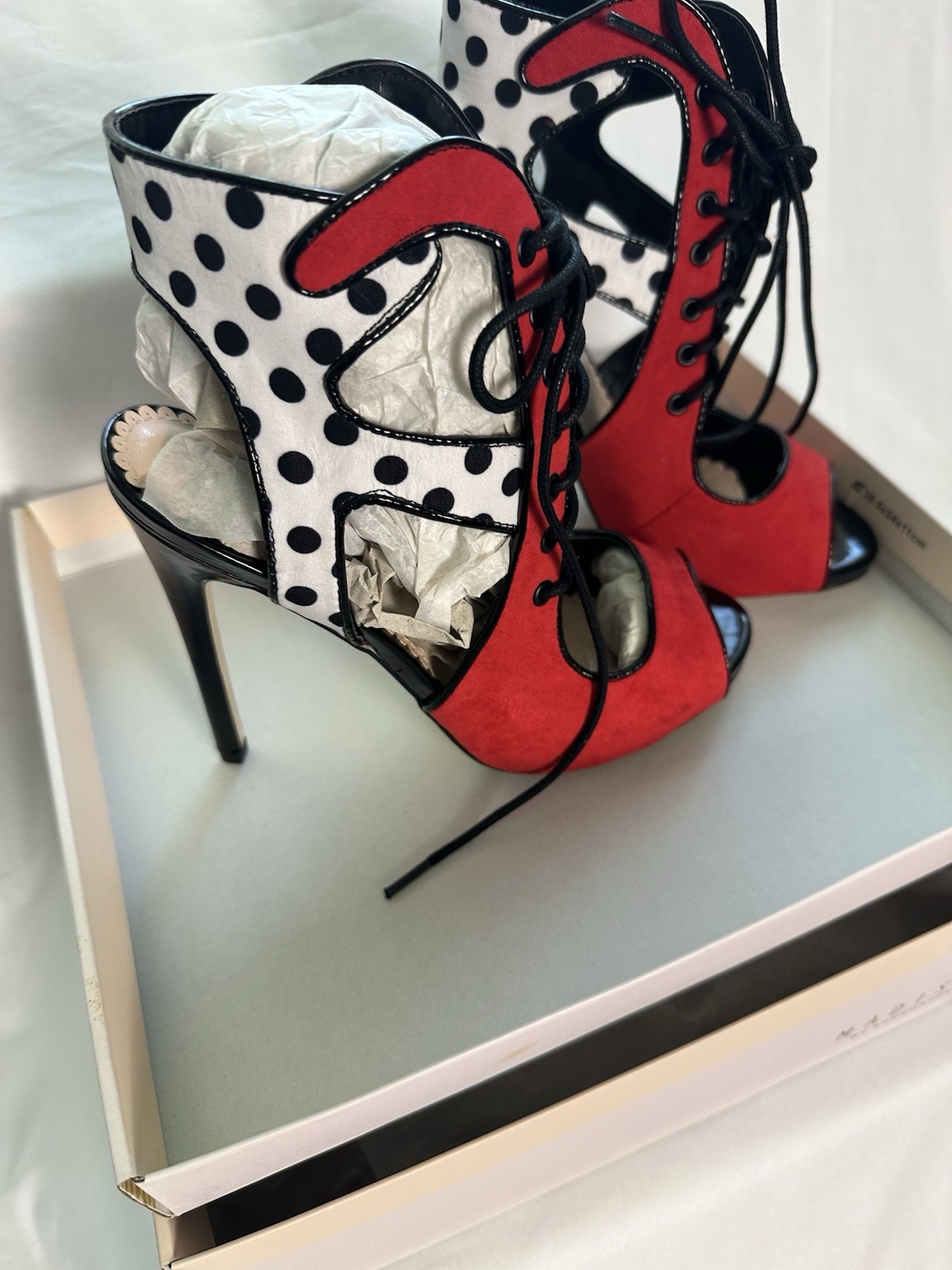 Madison by Shoedazzle Red White Black Polka Dot Lace-Up Open Toe Heels 6.5