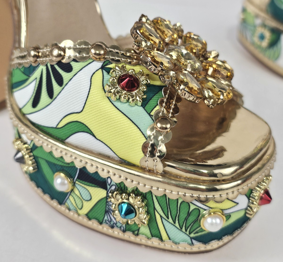 Retro 70s Style Rhinestone Pearl Embellished Platform Shoe Sandals S10 Jeweled
