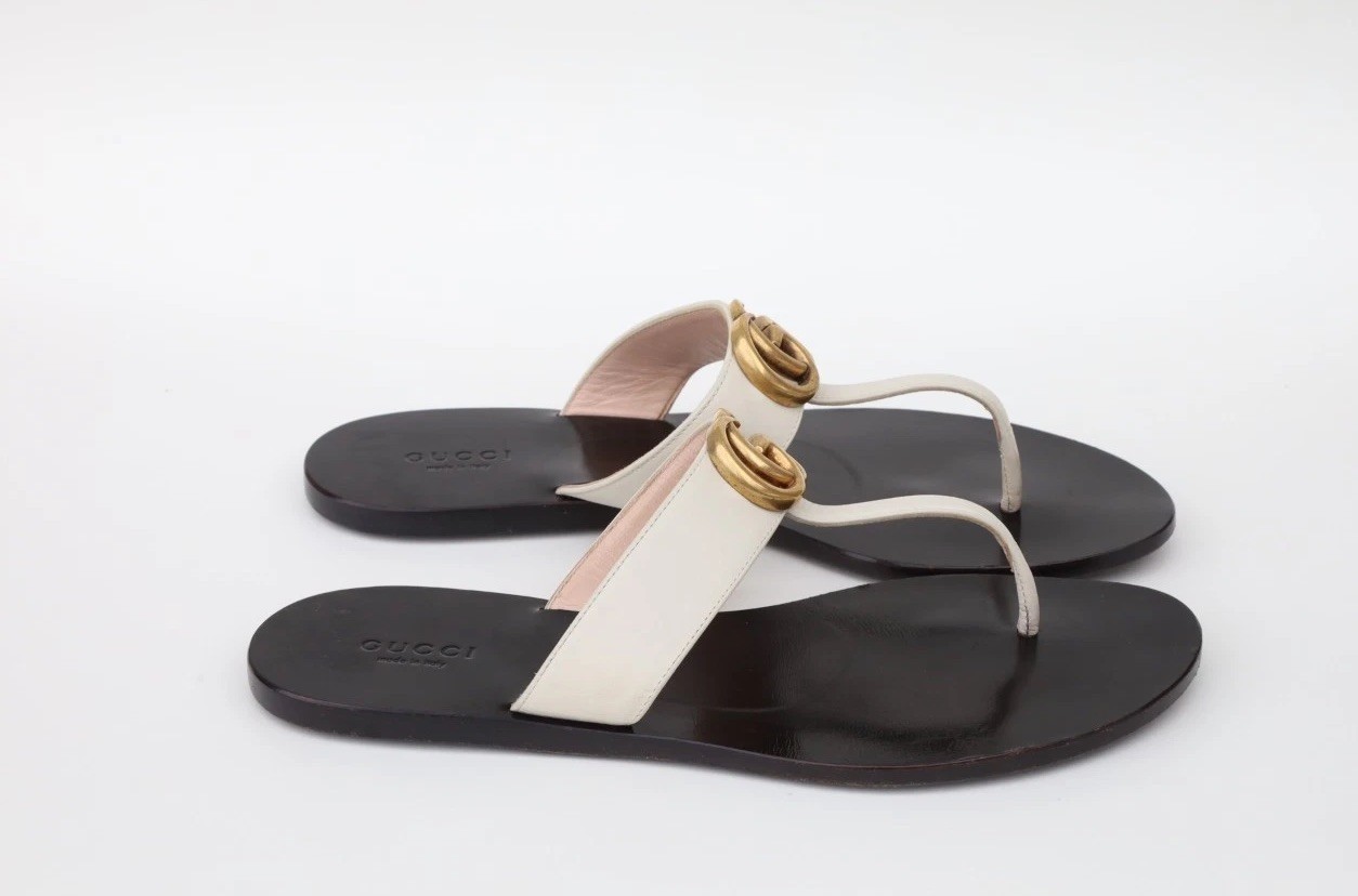 Gucci Marmont GG Thong Sandals Slides Size 38/ US 8 in Black White Ivory Leather