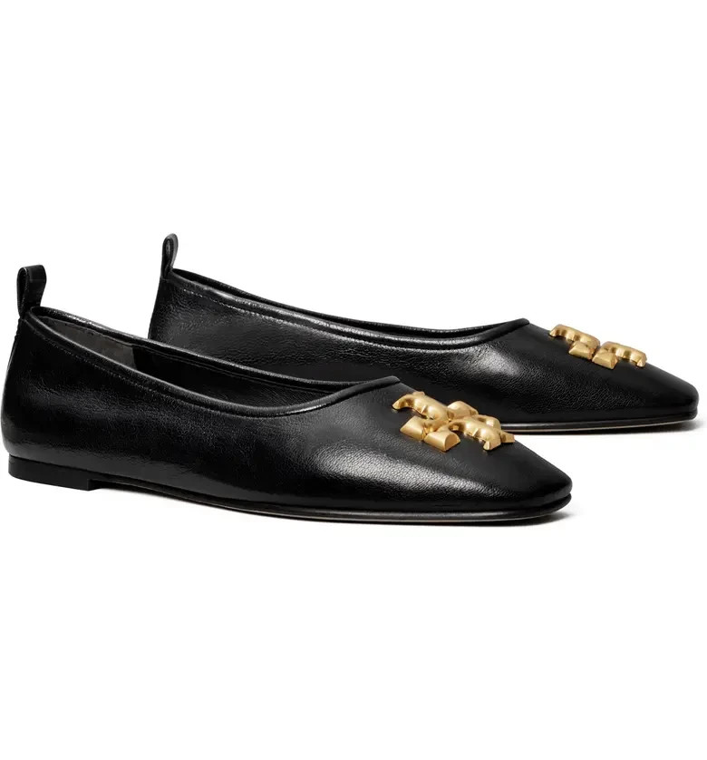 NIB Tory Burch Eleanor Ballet Leather Flat BLACK Gold US 8 8.5 9 AUTHENTIC