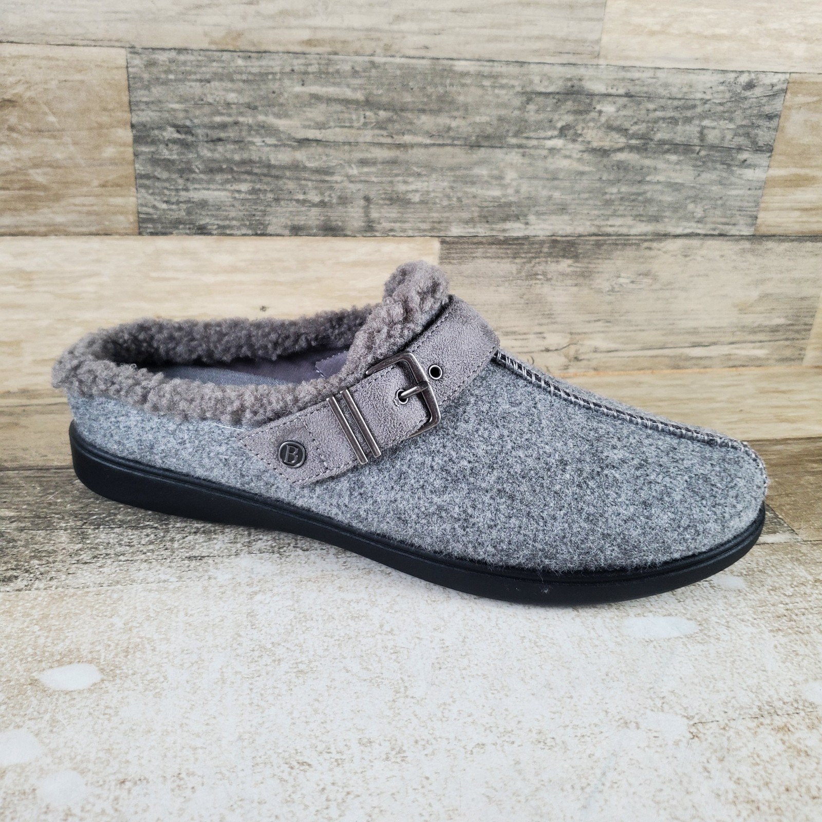 Bzees Eternity Womens Mule Sz 10 M Comfort Gray Fur Collar Slip On Round Toe