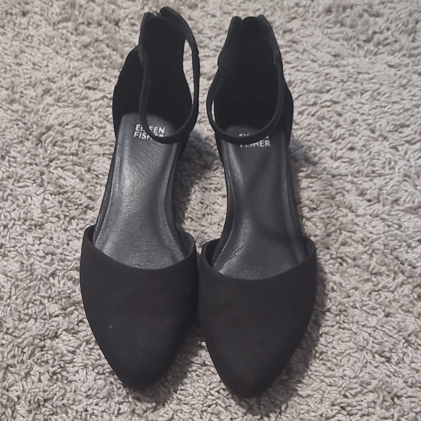 Eileen Fisher Women’s Black Leather Pointed Toe Zip Ankle Strap Pumps 7.5