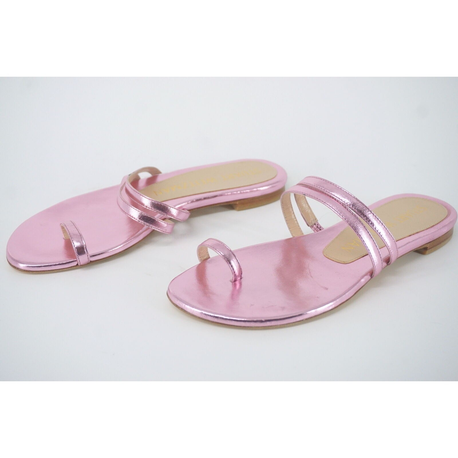 Stuart Weitzman Leonita Slide Pink Metallic Leather Sandals Size 6 New Flat $350