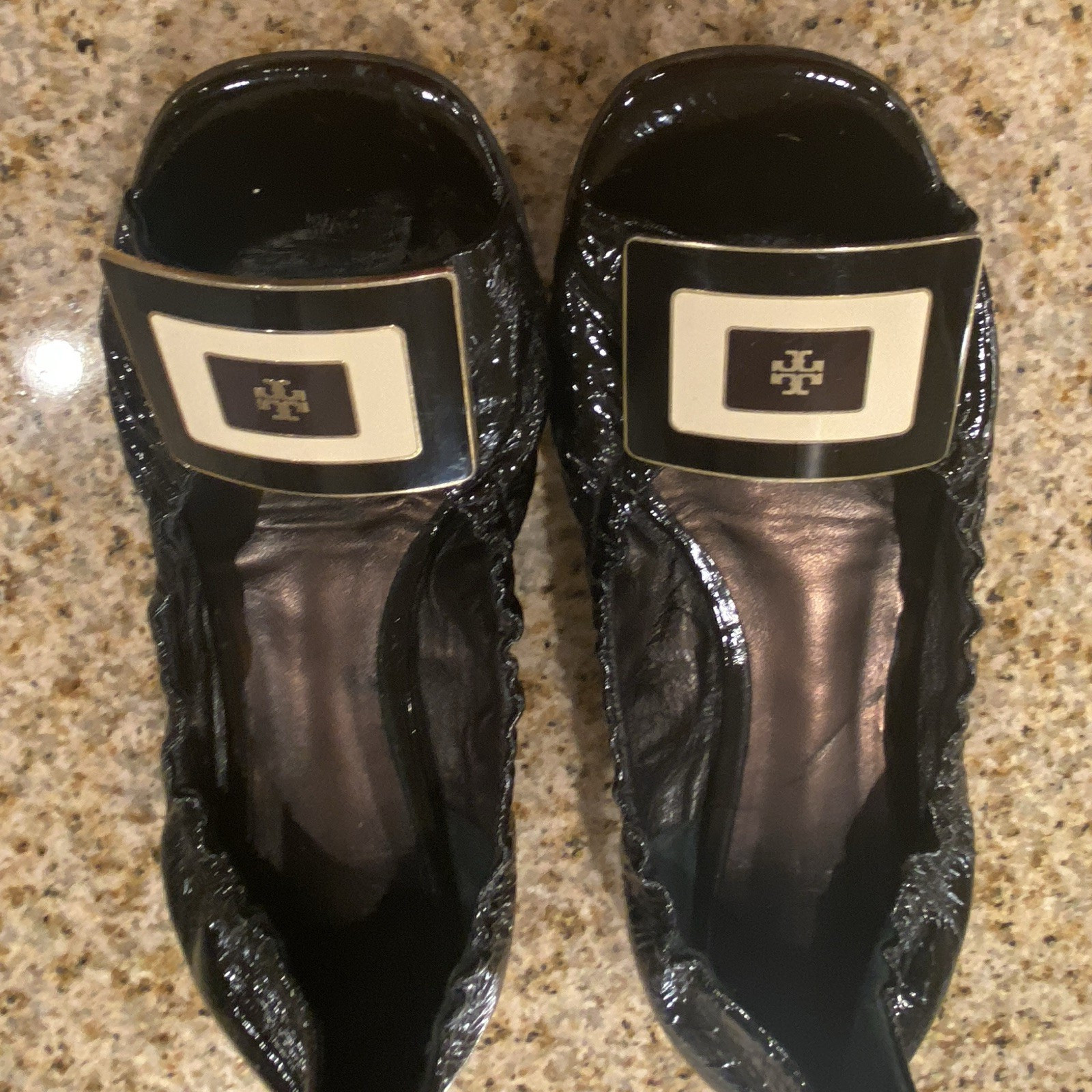 Tory Burch Women’s Black Patent Leather Ballet Flats Peep Toe US 7.5