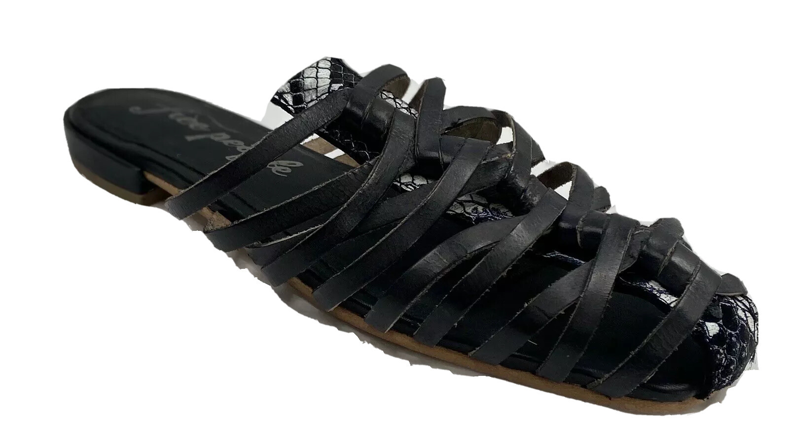 Free People Odette Black Strappy Leather Women’s Flats Size 7 Color Black Snake