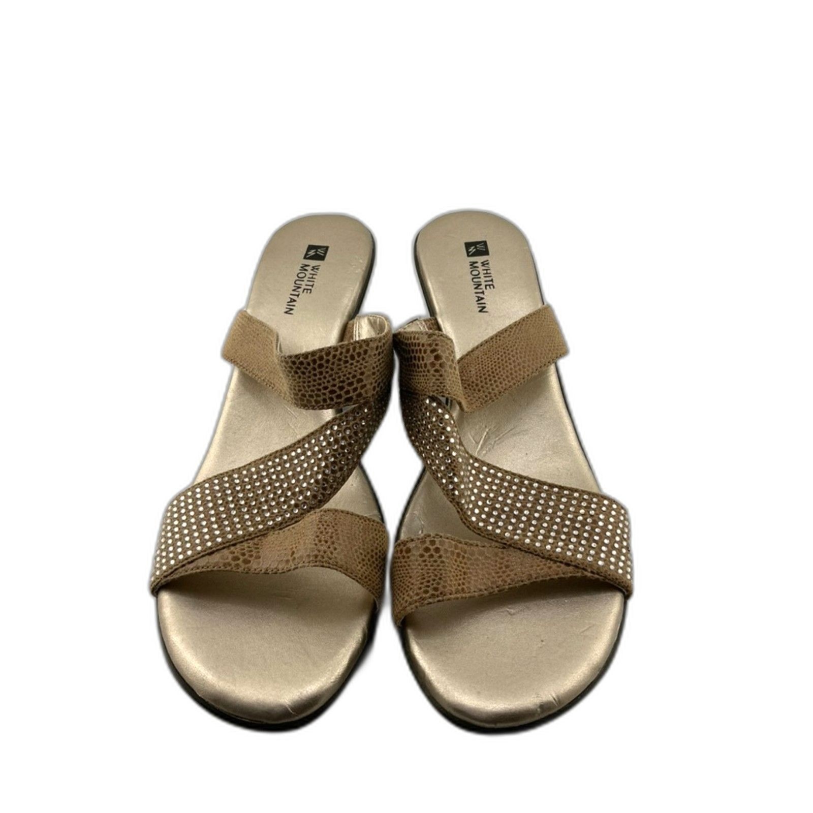 White Mountain Rhinestone Wedge Sandals Women’s Size 8 Beige Snakeskin Slides