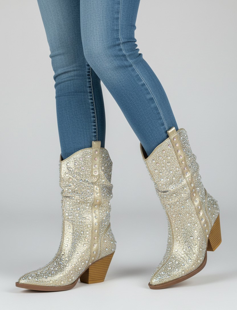 Forever Women Rhinestone Cowboy Boots Western Mid Calf Cowgirl RIVER-35 Gold