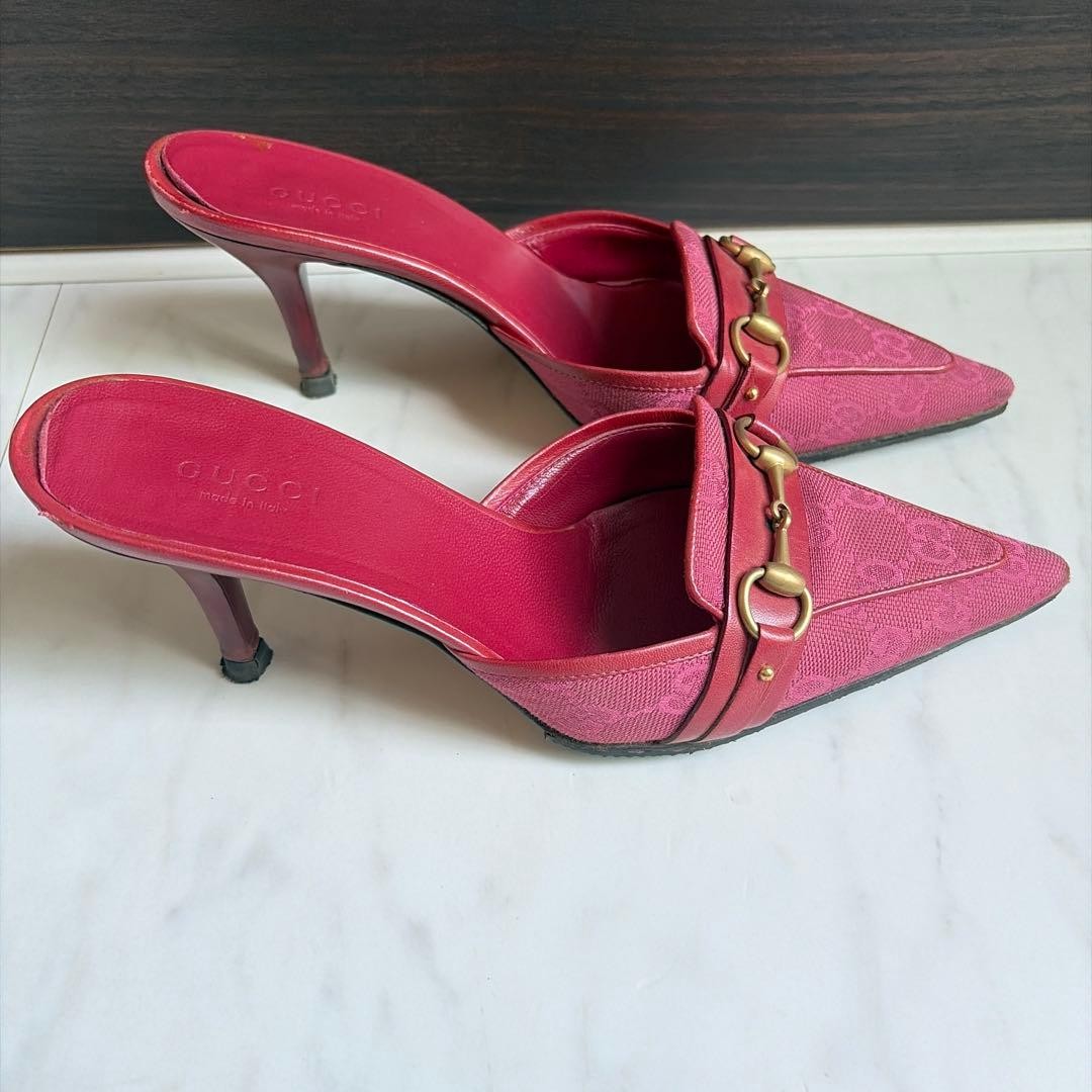 Gucci GG Pattern Mule Sandals Size 34H Pink Canvas Leather Rare