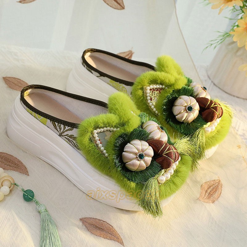 Chinese Handmade Embroidered Slippers Women Platform Mules Flats Cloth Shoes