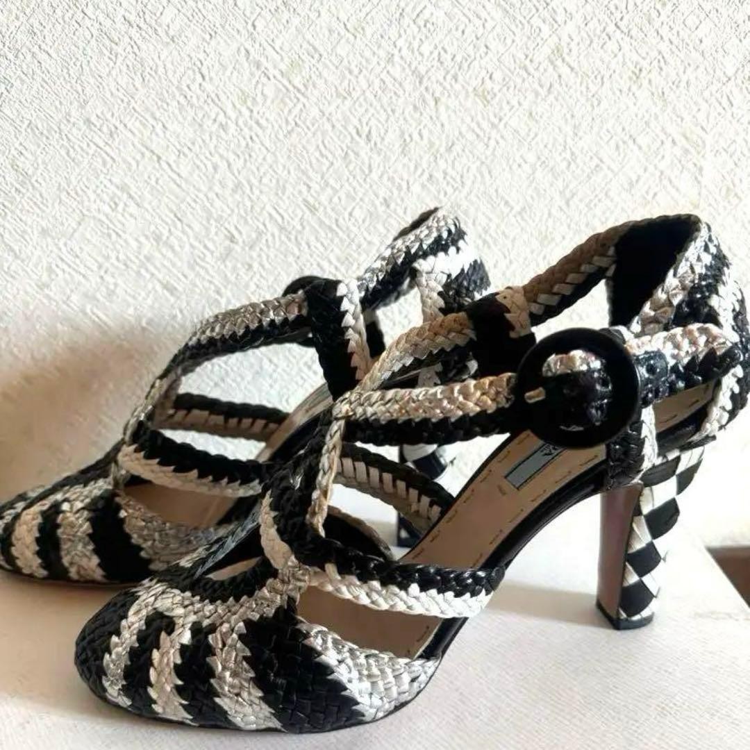 PRADA Sandals 35 1/2 22.5cm Black Silver High Heel 8.5cm Leather