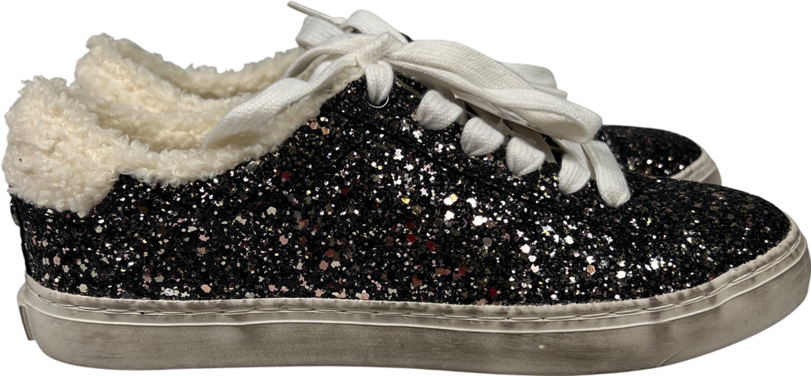 Nine West Women’s Black Glitter Sherpa Trim Lace Up Sneakers – 7.5