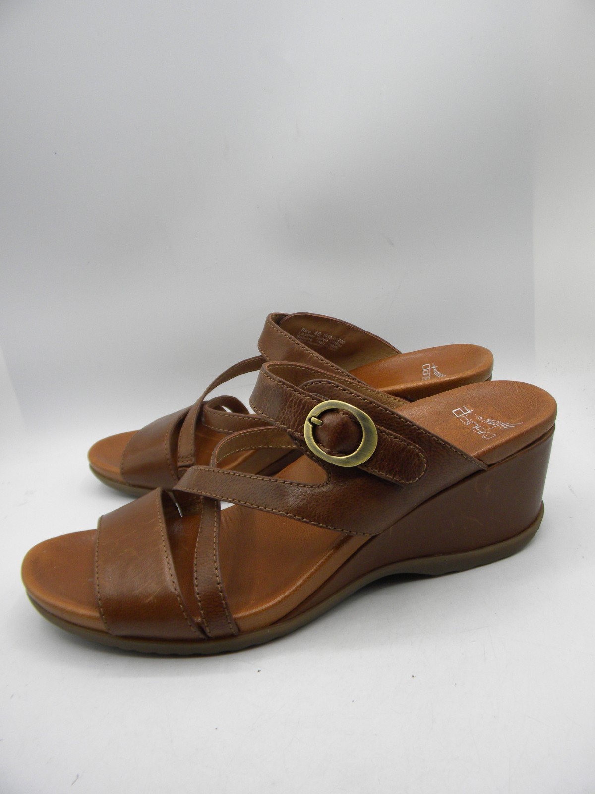 DANSKO Ana Brown Leather Wedge Heel Strappy Slide Sandals Size 40 Display