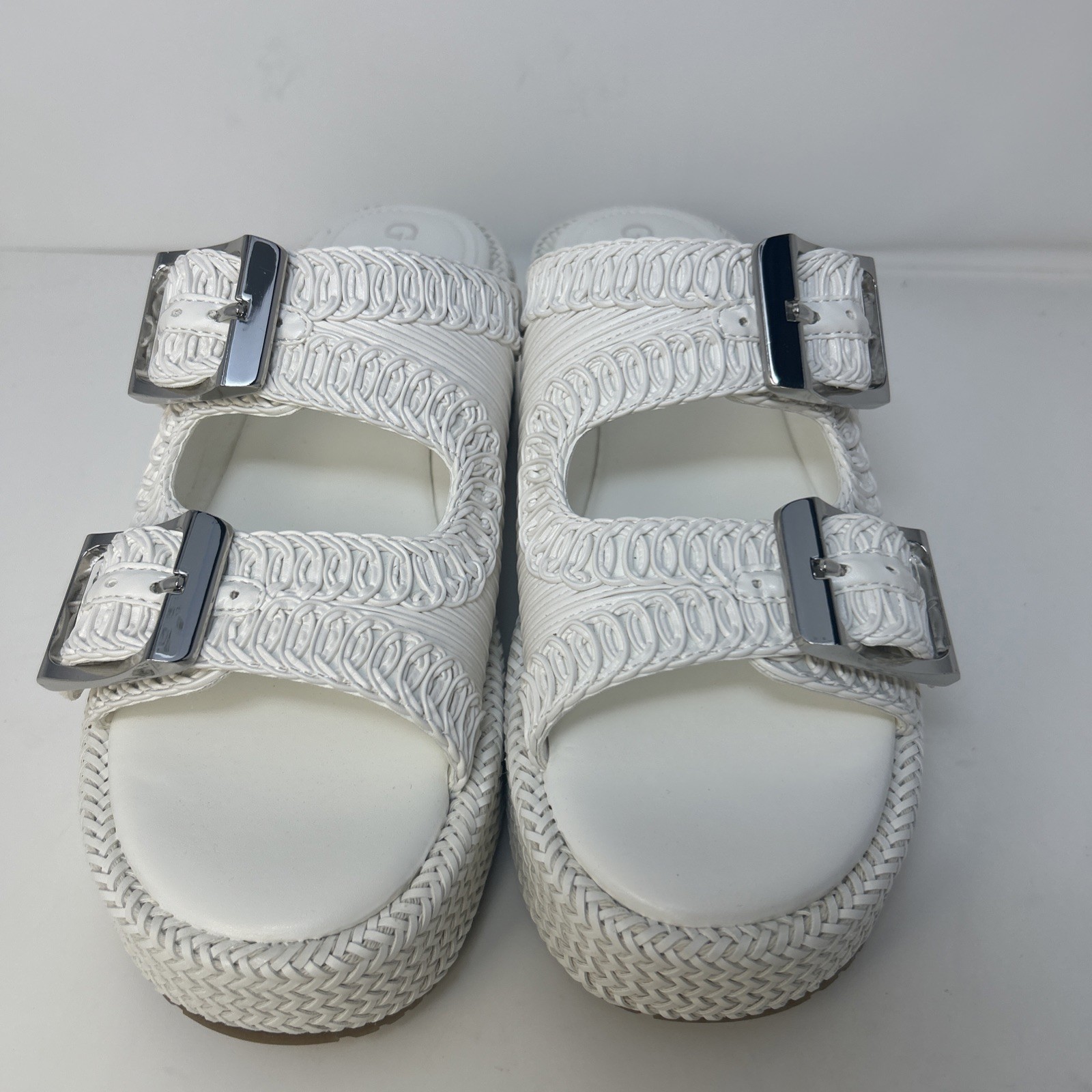 GUESS Binks Woven Platform Sandals Ivory White Double Buckle Wedge Size 10M NIB