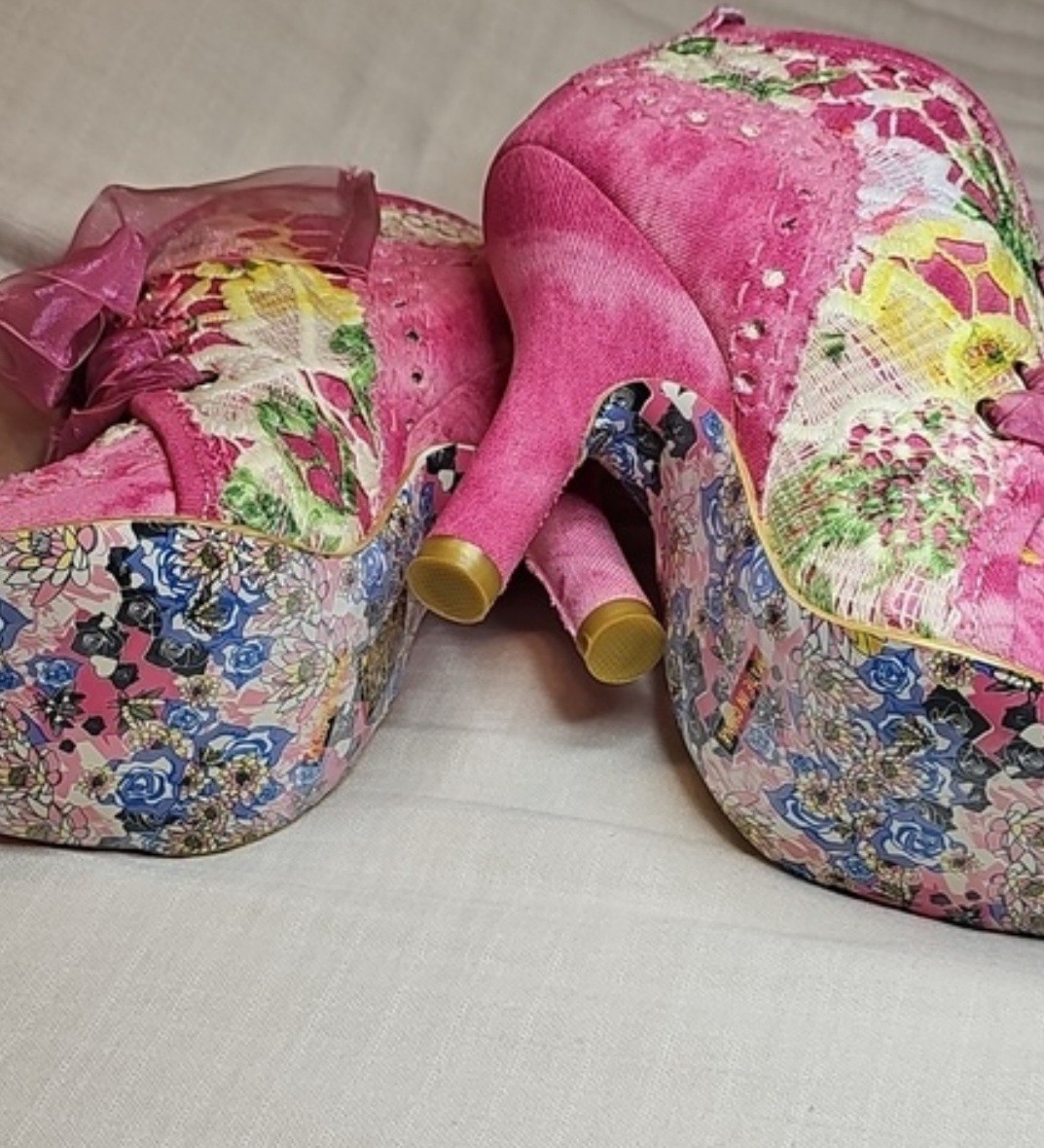 Irregular Choice Abigail’s Third Party Pink Floral Lace Denim Bootie Heels, US 5