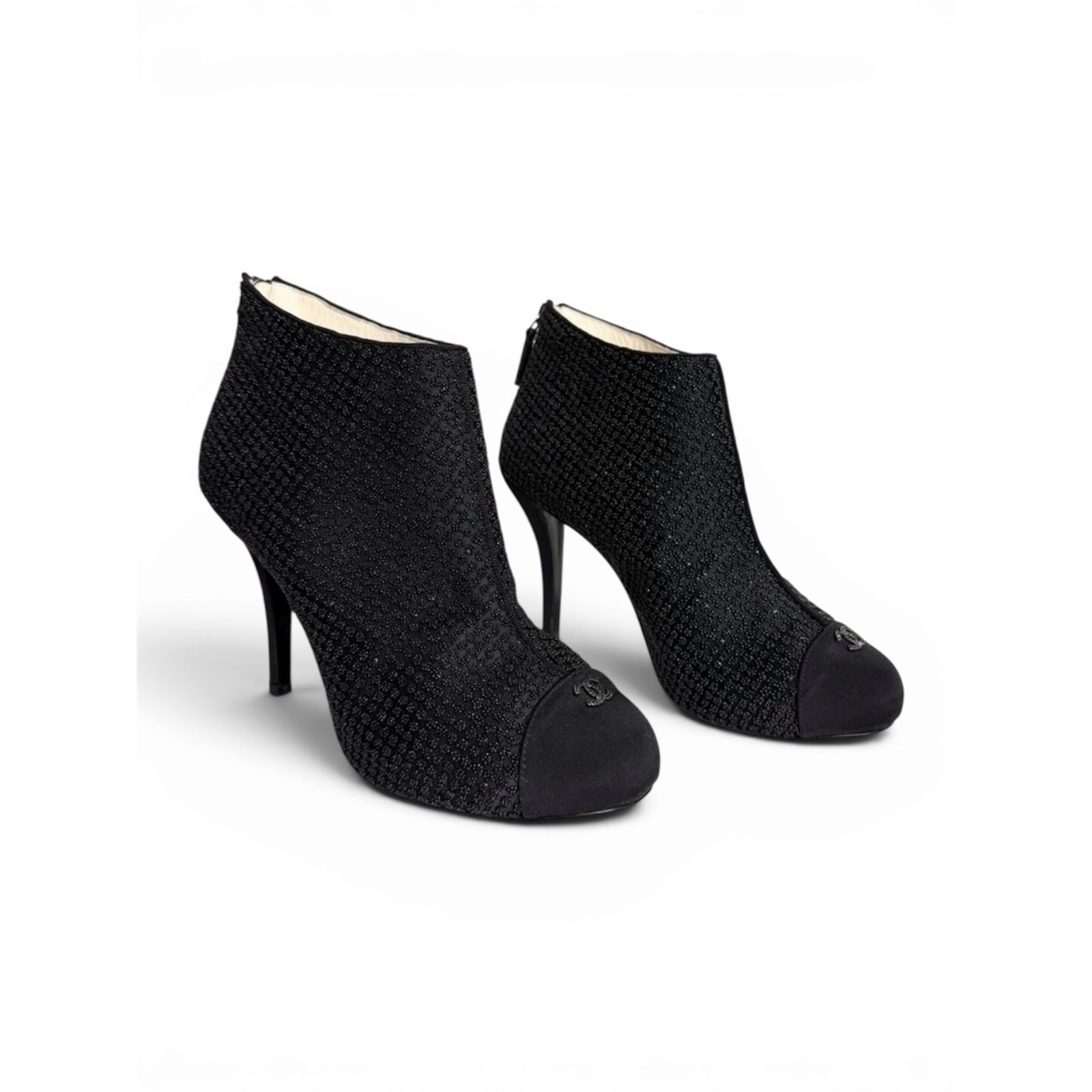 Chanel Beaded Ankle Booties Black Cap Toe Heels 38.5 CC Logo