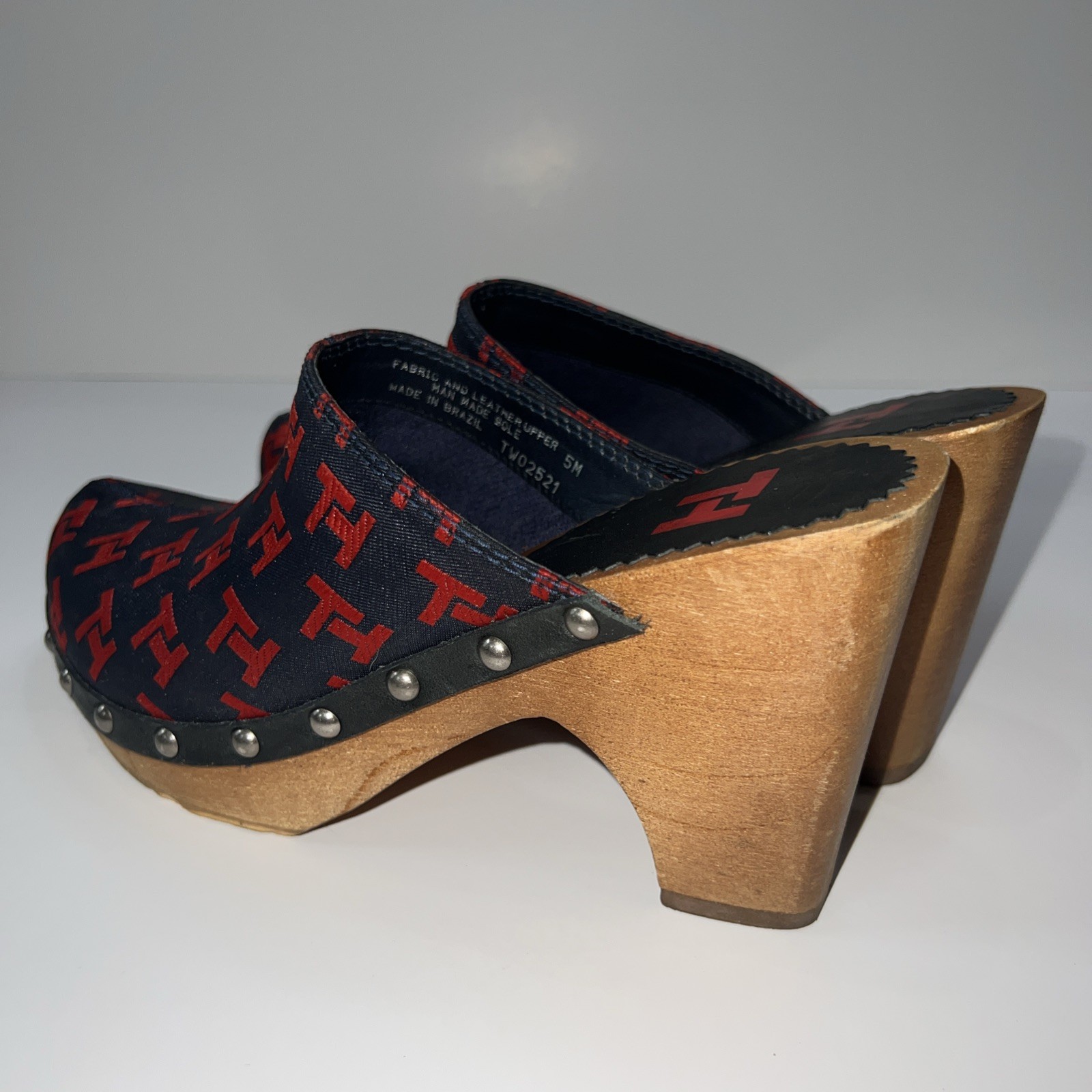 Vintage Tommy Hilfiger TH Monogram Canvas Wood Clog Mules Y2K Womens 5M Brazil