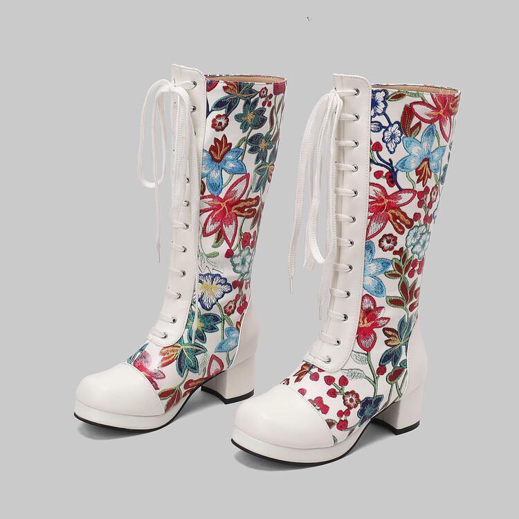 Chic Women’s Floral Printed Pull On Mid Calf Boots Casual Formal Occident Shoes