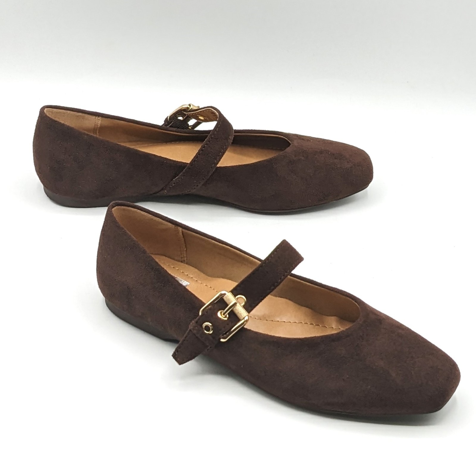 dv by Dolce Vita “Ballet Flat” Faux Suede Brass Buckle Foam Insole (Brown) NEW