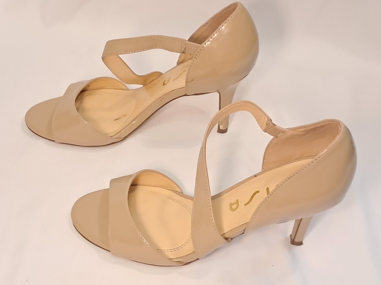 Unisa Size 6.5M Beige/Nude Patent Pumps 3.25″ Stiletto Heel Asymmetric Strap