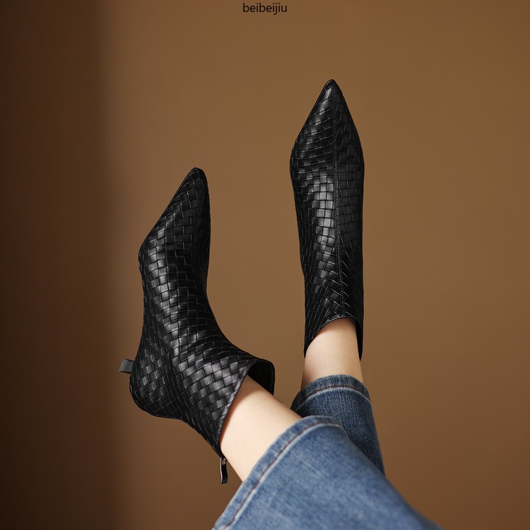 Women’s Weave Real Leather Ankle Boots Low Kitten Heel Dress Fashion Shoes Plus