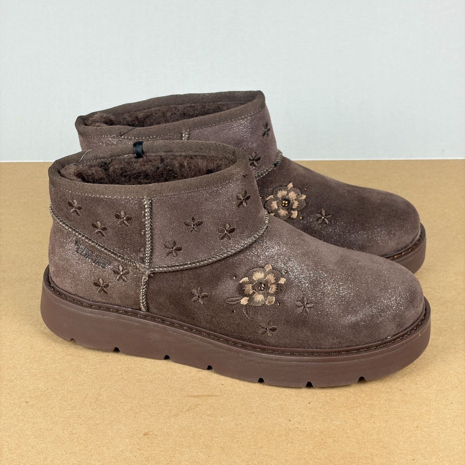 Skechers Slip-Ins Keepsakes Cozy Floral Mini Boots Womens 6.5 Chocolate Brown