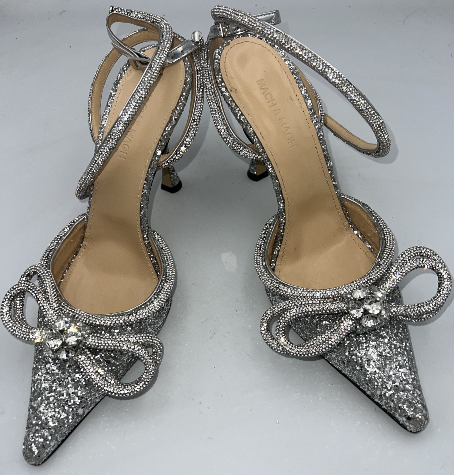Mach & Mach Double Bow Glitter Crystal Embellished Heels Leather Women’s EU 39.5