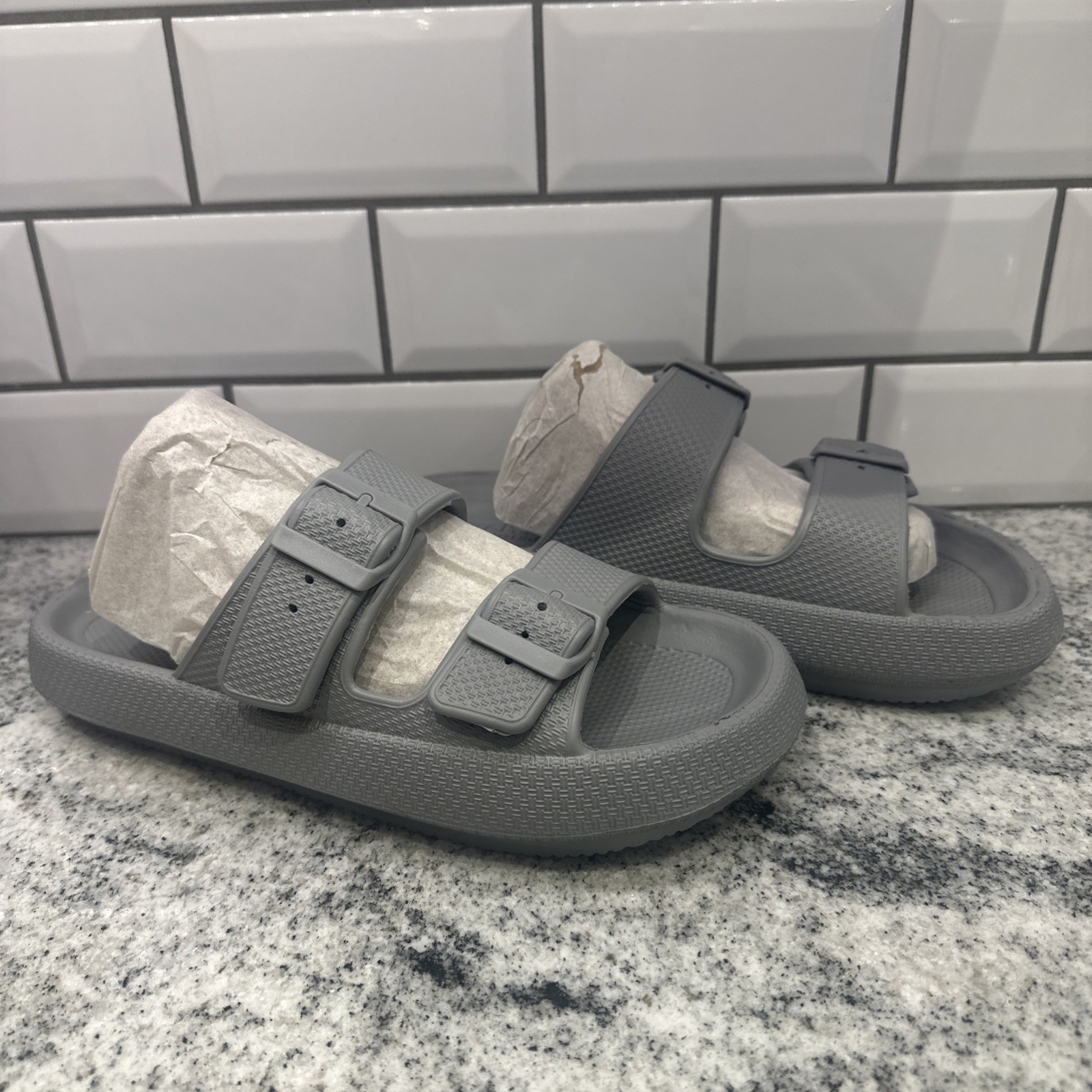 J Slides Beach Size 9 M Grey Eva Two Strap Buckle Summer Sandals Comfort New