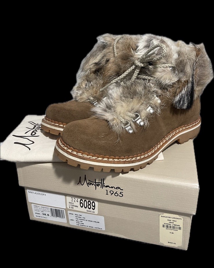 MONTELLIANA CAMELIA REAL FOX FUR SHEARLING HIKER BOOTS LT BROWN LEATHER 38.5 BOX