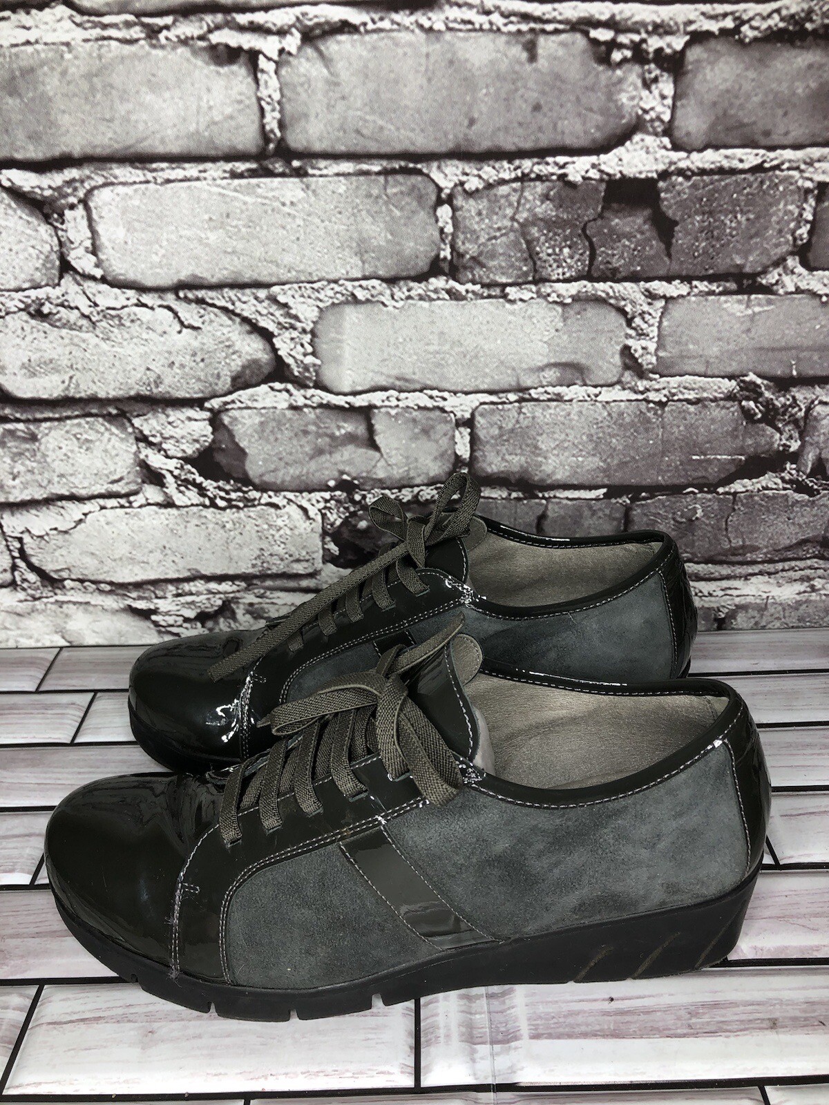 Charly Fox Gray Suede Patent Leather Lace Up Casual Wedge Shoes Women 39EU/8.5US