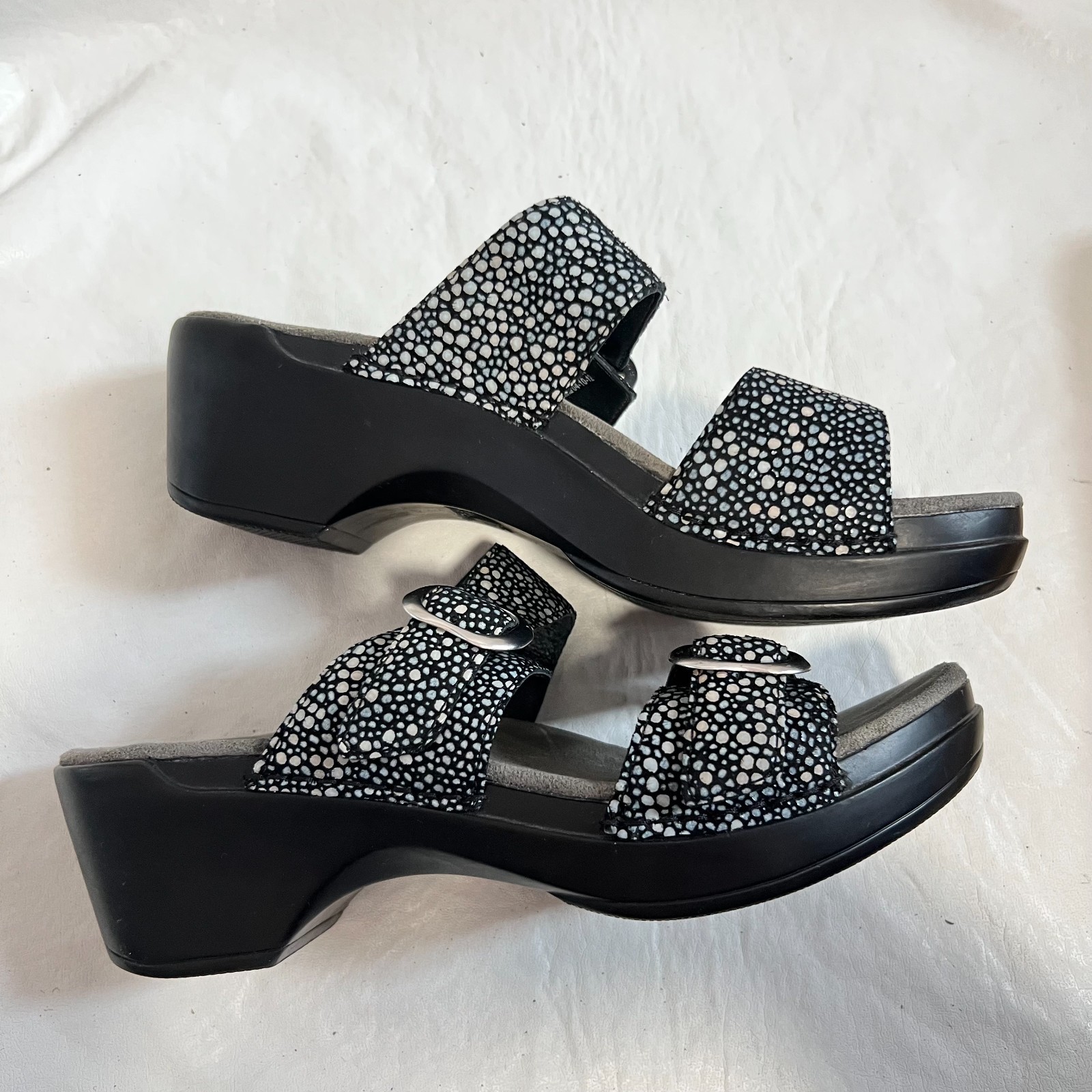 Dansko Sophie sandals black white pebble dot 39 8.5 9 two strap slide clog