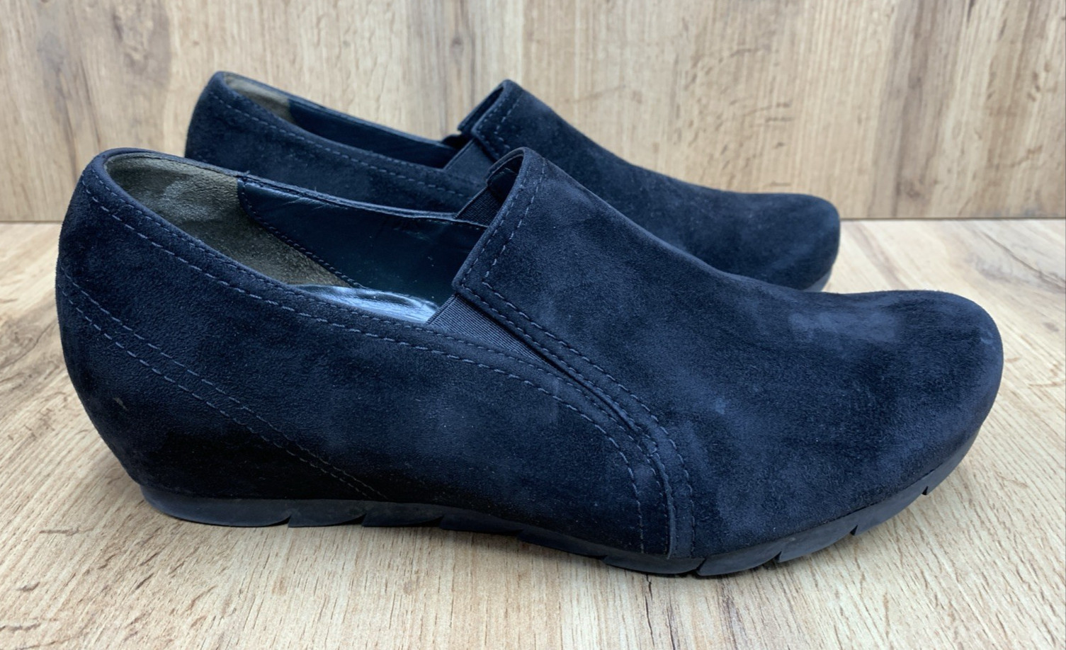 PAUL GREEN MUNCHEN Leather Covered Wedges Loafers Black Suede Size US 7