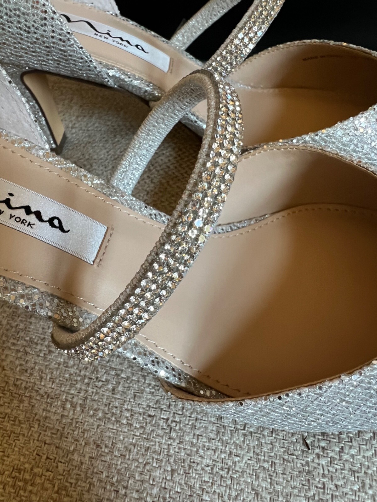 Gorgeous Silver Nina Evening Shoe 7M New in Box d’Orsay Rhinestone 2.5” Heel