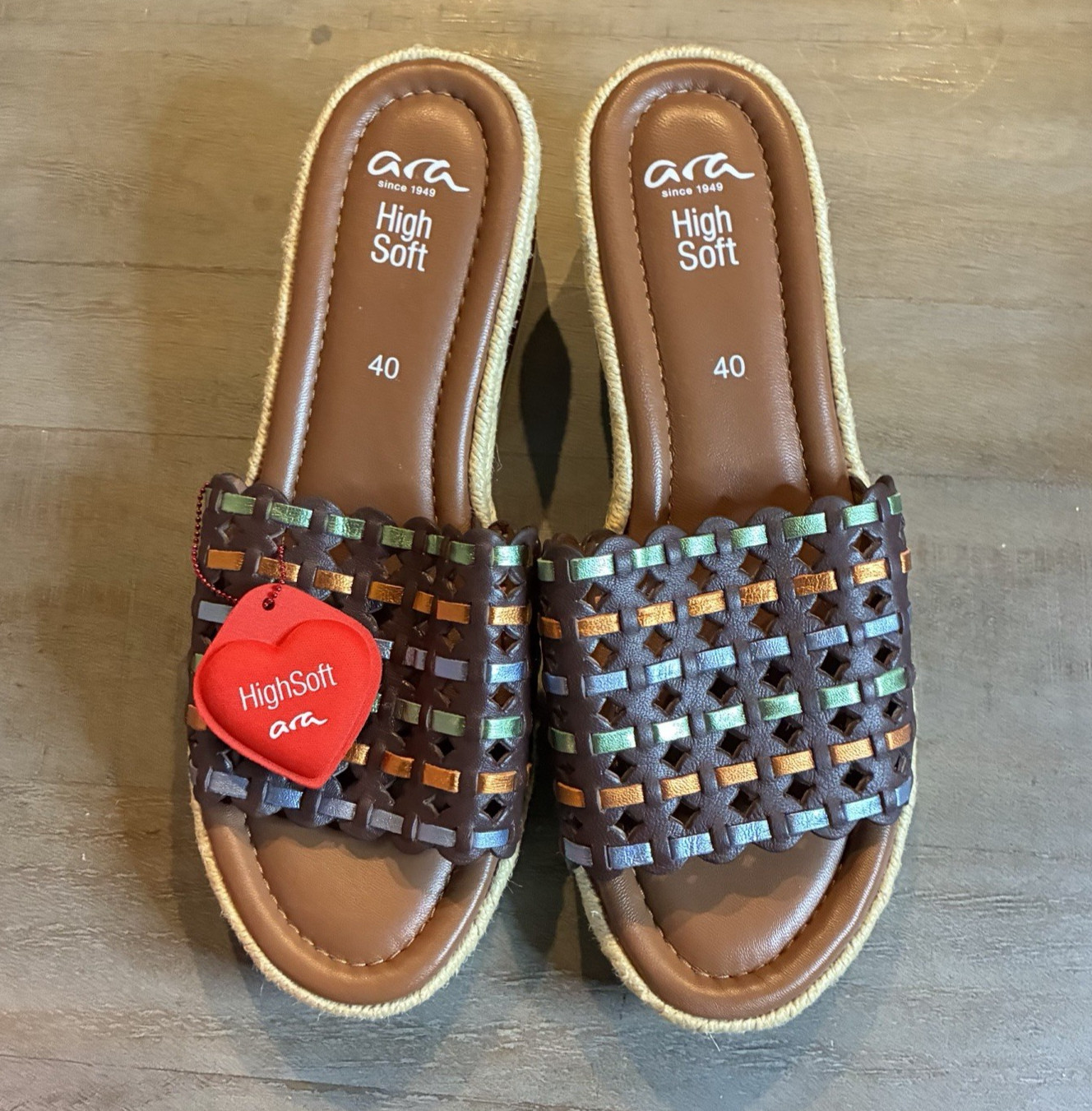 ara Multicolor Woven Straps Slip On Wedge Slide Sandals Brown US 9 NWOB Resort
