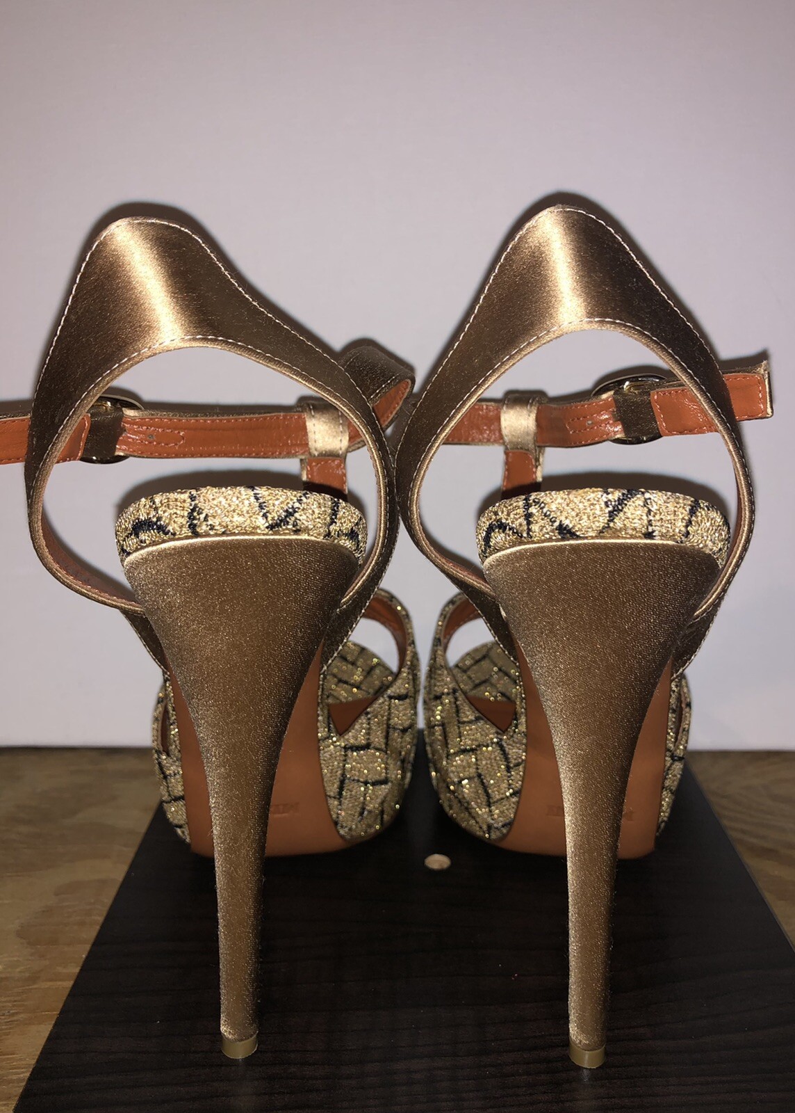 Missoni Chevron Pattern Gold Black Open Toe Platform Heels Size 8.5
