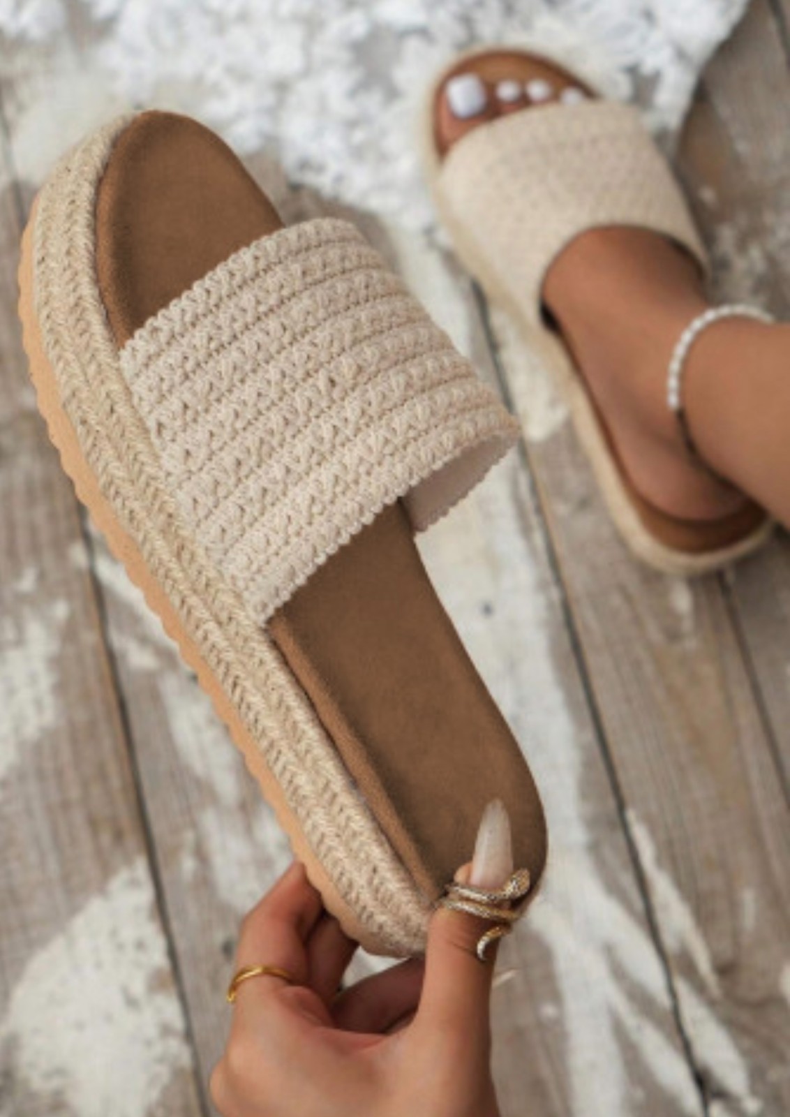NEW Beige Boho Woven 1.5″ Platform Sandal Shoes Slides pick 6 6.5 7 7.5 8 9