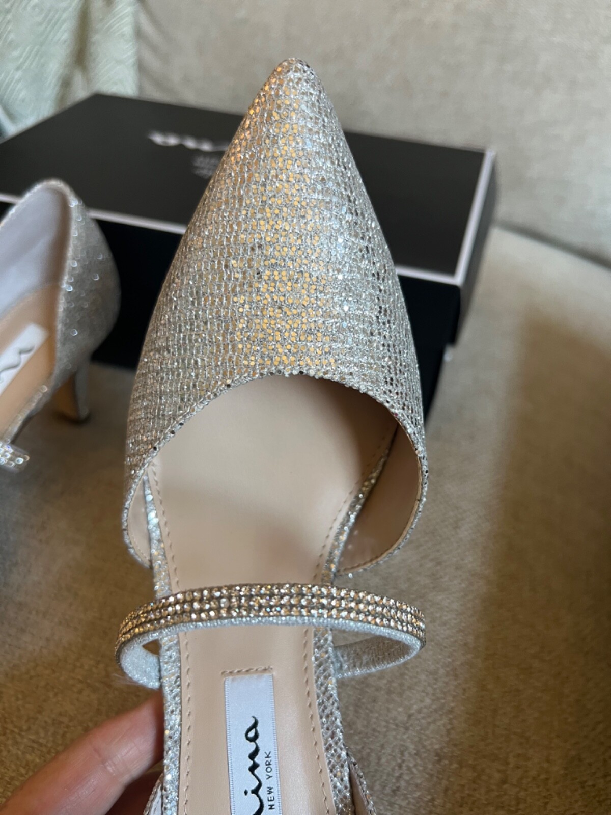 Gorgeous Silver Nina Evening Shoe 7M New in Box d’Orsay Rhinestone 2.5” Heel